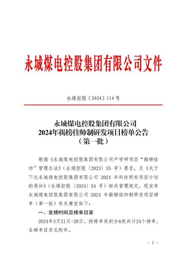 九游体育控股（2024）114 号永城九游体育煤电控股集团有限公司2024年揭榜挂帅制研发项目榜单公告（第一批）_00